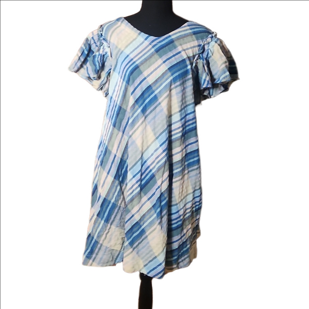 Free People Blue and White Plaid Flutter-Sleeve Dress